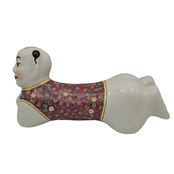 Chinese 12" Porcelain Pillow Headrest Kneeling Child Famille Rose Asian Sculptur - Picture 4 of 8